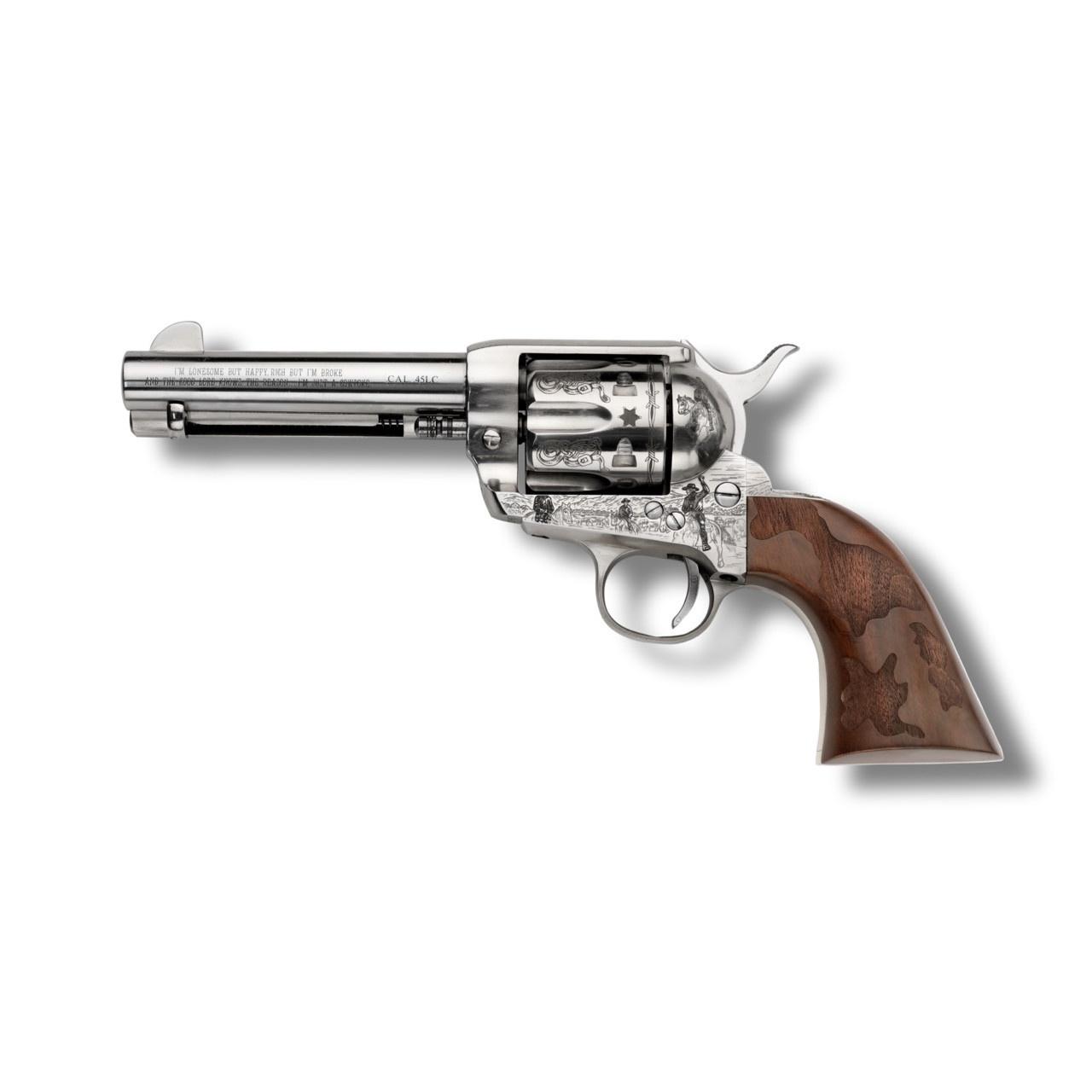 EMF Cowpoke Revolver .45 Colt 6rd Capacity 4.75" Barrel Nickel Finish Engraved Cowhide Walnut Grip