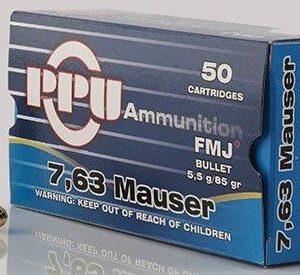 PPU Handgun Ammunition 7.63mm Mauser 85 gr FMJ 1510 fps 50/ct